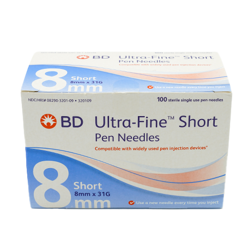 BD Ultra-Fine Short 8 mm × 31G reference packaging; listing quantity 90 needles